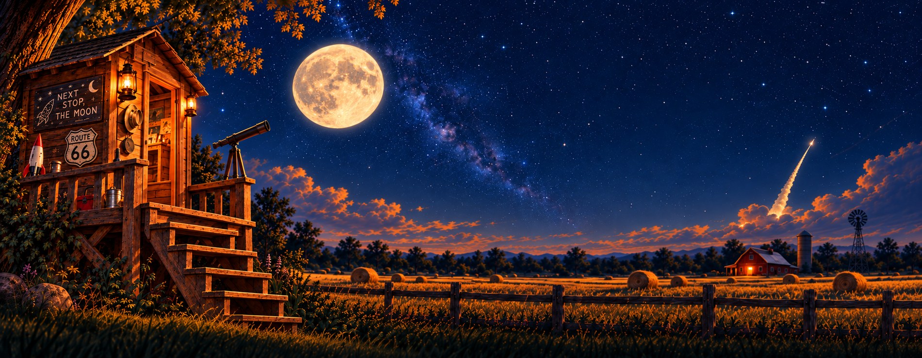Boba's cabin on a farm beneath the Moon and a rocket launch