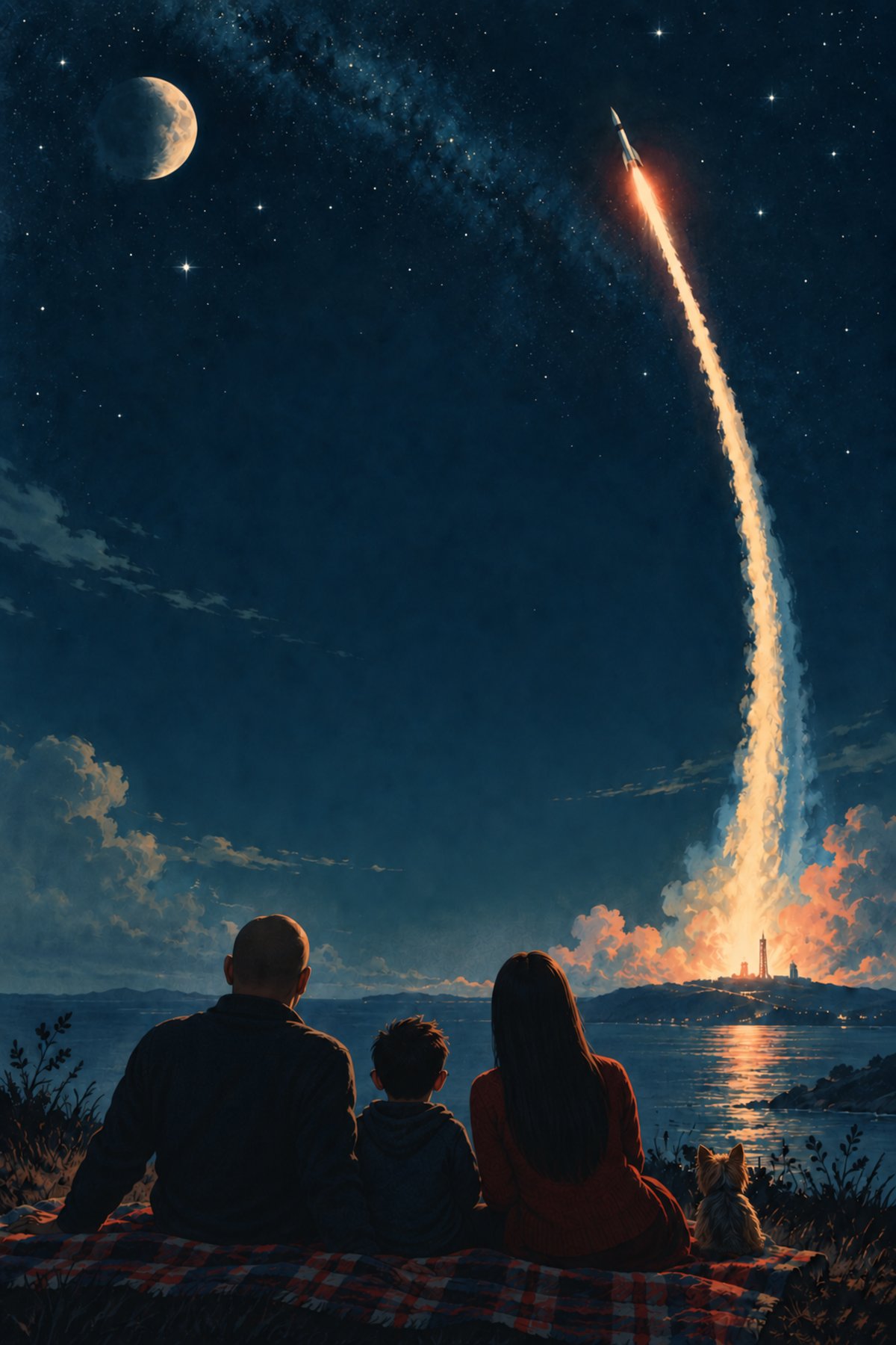 A family watching a night launch